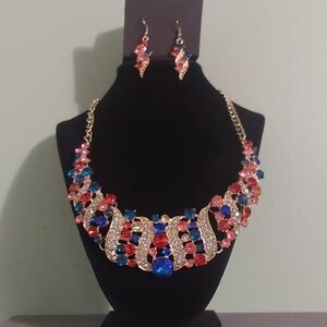 Betsey Johnson Multicolor Rhinestone Chunky Bib Necklace And Matching Earrings